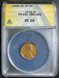 ANACS VF25 1936-P �����J�[�� �E�B�[�g �Z���g 1c FS-102 DDO ��d�_�C�\�ʃG���[ AE