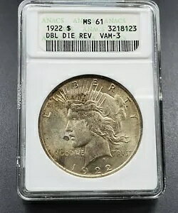 1922 P Peace Silver Dollar Variety ANACS MS61 DDR ���g�b�v 50 VAM 3 VAM-3 BU ���c��