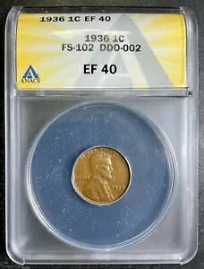 ANACS XF40 1936-P �����J�[�� �E�B�[�g �Z���g 1c FS-102 DDO ��d�_�C�\�ʃG���[ AE