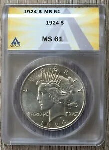 1924 �s�[�X �V���o�[ �_���[ S$1 ANACS MS61 �ƂĂ��f�G�ȃV���[�v�Ȍ����ځA�킸���ȐF����