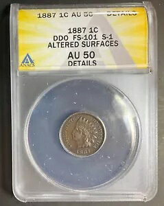 1887 Indian Cent AU50 DDO FS-101 Snow 1 Doubled Die ANACS ���A �^�t �o���G�e�B