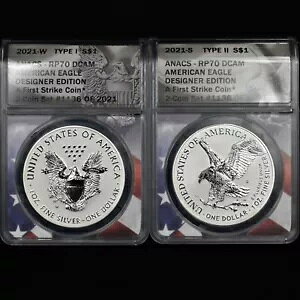 2021-W S $1 ���o�[�X �v���[�t �V���o�[ �C�[�O�� ? ANACS RP-70 ? 2 �R�C�� �f�U�C�i�[ �Z�b�g FS