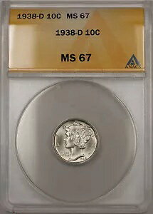 1938-D �V���o�[ �}�[�L�����[ �_�C�� 10C �R�C�� ANACS MS-67 (�قڃt�� �X�v���b�g �o���h 11)