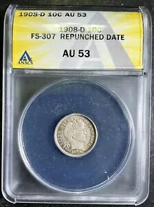 ANACS AU53 1908-D Barber Dime RPD �ăp���`���t�G���[ FS-307 PQ �F�� AC