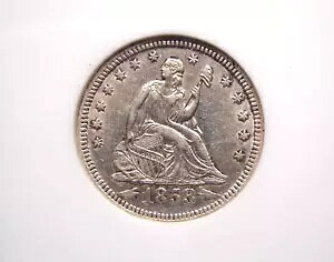 1853 "P" Seated Liberty Quarter *ARROWS & RAYS* 25c ANACS AU50 #072 About Unc