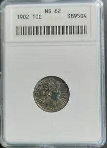 �������I 1902 �o�[�o�[ �_�C�� BU UNC �g�[�� �N���X�e�B 10c�A�I�[���h ANACS MS62 �~�j �X���u