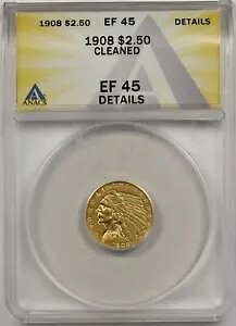 1908 $2.5 ANACS XF EF 45 �ڍ� �C���f�B�A�� �w�b�h �S�[���h �N�H�[�^�[ �C�[�O��
