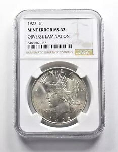 MINT ERROR MS62 1922 Peace Silver Dollar OBV ~l[g NGC *1900