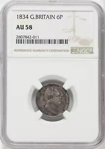 イギリス ウィリアム 3 世 1834 6 ペンス銀貨 NGC ほぼ未流通 58