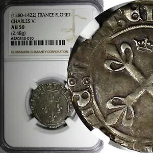 �t�����X �V������ 6 �� 1380-1422 �V���o�[ FLORET NGC AU50 Tours Duplessy-417B (010)