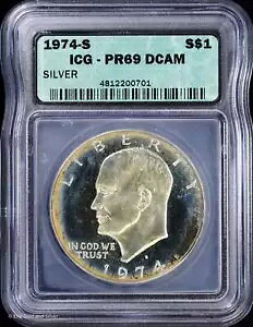 1974-S $1 �v���[�t �A�C�[���n���[ �A�C�N �V���o�[ �_���[ ICG PR 69 DCAM