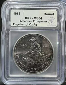 1985 IDC ���؍ς� 1oz Engelhard Prospector ICG MS64 �i���[ �t�H���g �o���G�[�V���� (�g�[��)