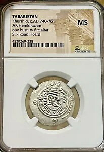 AD 740-761 Tabaristan Khurshid Hemidrachm NGC-MS obv Bust.rv Fire Altar Silk Rd