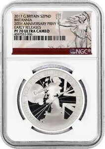 2017 ?2 �v���[�t �O���[�g �u���e�� 1�I���X �V���o�[ �u���^�j�A 20 ���N�L�O �v�����B NGC PF70