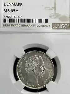 �f���}�[�N 1898 ONE KRONE MS 65+ ��΂̂悤�ȋP�������ʂ̗��₩�ȕ\��!