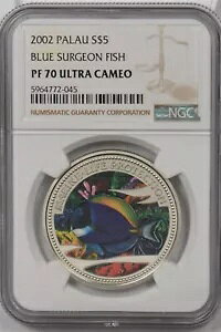 パラオ 2002 5 ドル NGC プルーフ 70UC シルバー ブルー サージョン フィッシュ パーフェクト 70 NG1435 c