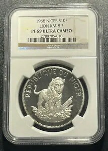 1968 ニジェール 10 フラン NGC PF69 ウルトラ カメオ シルバー プルーフ ライオン ミンテージ 1000
