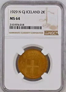 1929 N GJ �A�C�X�����h 2 �N���[�k�[�� NGC MS64 �F�� 2 �N���[�k�[�� KM# 4.1