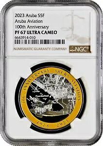 Aruba 5 florin 2023�ANGC PF67 UC�A�uAruba Aviation Ruler �� 100 �N�vTopPop 1/0