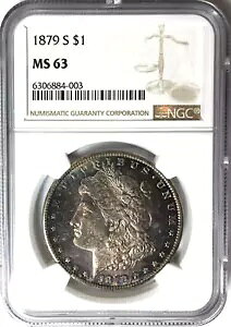 1879-S ���[�K�� �V���o�[ �h���B BU MS63 NGC �����ȃf�B�[�v�p�[�v�������X�^�[���F�I