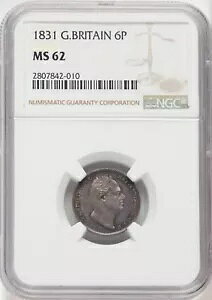 イングランド ウィリアム 4 世 1831 年 6 ペンス銀貨、未流通 認定 NGC MS62