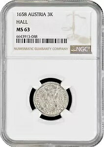 �I�[�X�g���A 3 ���m�� 1658 HALL�ANGC MS63�A�u�t�F���f�B�i���g �J�[�� (1646-1662)�vTopPop2/0-