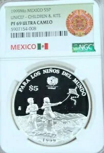 1999 メキシコ シルバー 5 ペソ チルドレン & カイト NGC PF 69 ウルトラ カメオ レア トップ ポップ