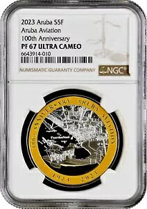 Aruba 5 Florin 2023�ANGC PF67 UC�A�u100 Years of Aruba Aviation�v�g�b�v�|�b�v 1/0-