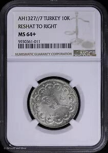 1915 AH1327//7 10K �^�[�L�[ �V���o�[ 10 �N���V�� NGC MS 64+ |�g�b�v�|�b�v���E�Ƀ��V���b�g