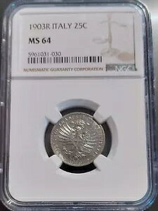 f炵 1903 R ITALY 25 Centesimi O[fbh Xu NGC MS64 - ڂf炵!!!