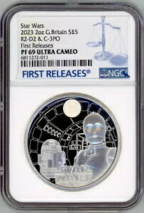 スターウォーズ R2-D2 および C-3PO ?5 シルバー プルーフ コイン 2オンス 2023 GB ミンテージ 750 NGC 69 FR
