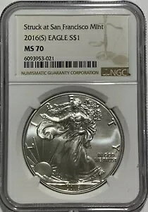 2016 (S) $1 �V���o�[ �C�[�O�� NGC MS70 �T���t�����V�X�R�ŏP�� .999 �t�@�C�� �u���E�� ���x��