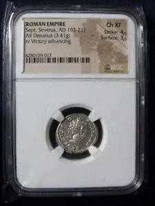 セプティミウス セウェルス、AD 193-211 ローマ帝国 AR デナリウス NGC CH XF ビクトリー アドバンス