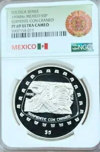 1998 メキシコ シルバー 5 ペソ セルピエンテ コン クレーン NGC PF 69 ウルトラ カメオ 希少 !!!
