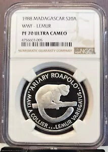 1988 マダガスカル シルバー 20 アリアリキツネザル NGC PF 70 ウルトラ カメオ レア パーフェクト コイン