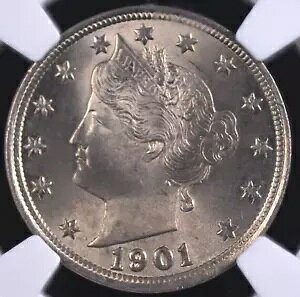 1901 リバティ "V" ニッケル NGC MS 64 ほんのりレモンの香りを持つ非常に素晴らしい銀色の光沢
