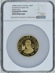 コロンビア 1500 ペソ 1968 NGC PF66 銅金メッキ ユニフェイス トライアル パターン 教皇