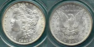 1887 $1 PCGS MS65 袋の跡はきれい、ゴールドトーン、ブラストホワイトミントの光沢とオリ
