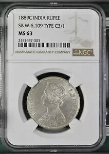 �C�M���X�̃C���h 1889C S&W-6.109 TYPE C3/1 RUPEE �V���o�[ ���A �f�C�gNGC MS 63 �g�b�v �|�b�v