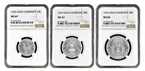 P142、カンボジア、10、20 & 50 サンタイム 1953 エッセイ セット、NGC MS67 / 67 / 66、希少!