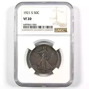 1921 S ���o�e�B �E�H�[�L���O �n�[�t�_���[ VF 20 NGC 90% �V���o�[ 50c SKU:I10483