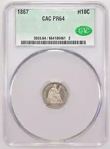 1867 CAC PR64 �~���g 8000 + 625 �v���[�t = 2 �ԖڂɒႢ H10C ?? KEY Seated Half Dime