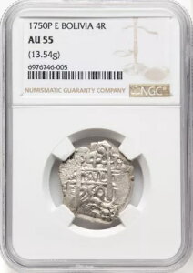 ボリビア - 1750 PE フィリップ V コブ 4 レアレス - NGC AU55 - 希少 - NGC で微細な 2 個のみ!