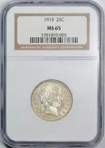 :1915-P 25C Barber-Quarter-Dollar GEM-BU NGC MS-65 ���[�|�b�v ���A R-6 �n�C�O���[�h