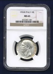 イタリア王国 1926-R 10 リラ シルバー コイン チョイス 未流通 NGC 認定 MS63