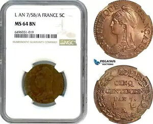 A7/199�A�t�����X�A��ꋤ�a���A5 Sentimes L'An 7/5 A/B�ANGC MS64BN�A�g�b�v�|�b�v!