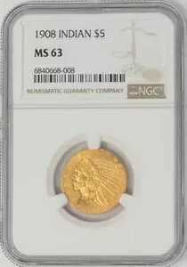 1908 $5 �S�[���h �C���f�B�A�� MS63 NGC 949179-4