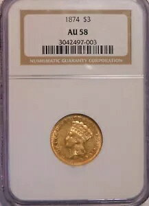 1874 $3 �C���f�B�A�� �v�����Z�X �w�b�h 3 �h�� �S�[���h NGC AU58 OH �����ʂɂ���