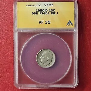 1950 D ���[�Y�x���g �_�C�� 10C �V���o�[ �R�C�� ANACS VF35 DDR FS801 �_�u�� �_�C ���o�[�X