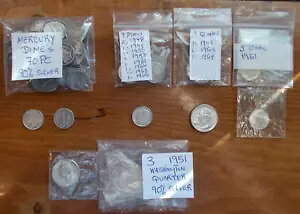 アメリカのコインロット:銀貨:10セント硬貨と25セント硬貨、ほとんどが90%銀